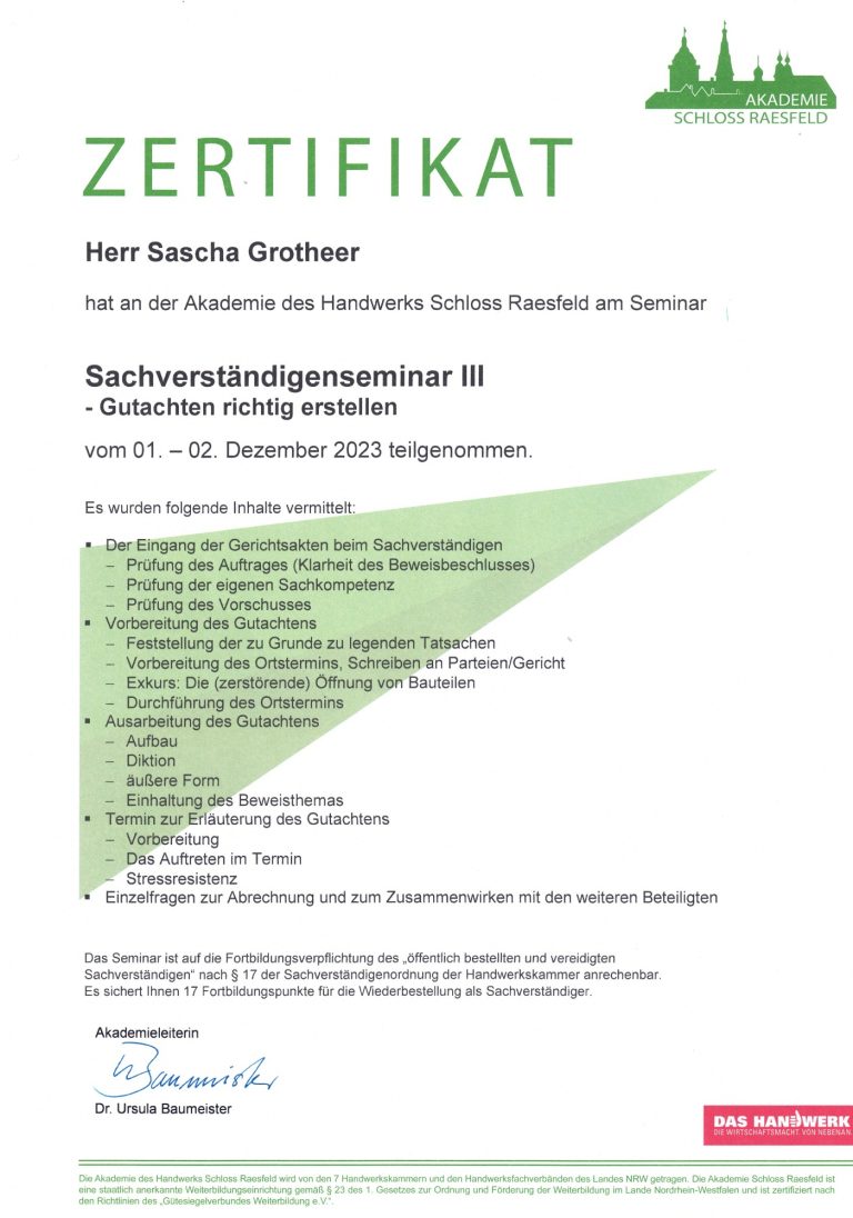 Zertifikat Sachverständigenfortbildung III Gutachten richtig erstellen Zertifikat Sachverständigenfortbildung III Gutachten richtig erstellen